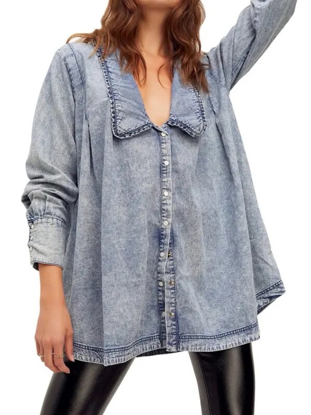 EUC Free People Oversized Charlie Denim Button-Down Top Size XS
